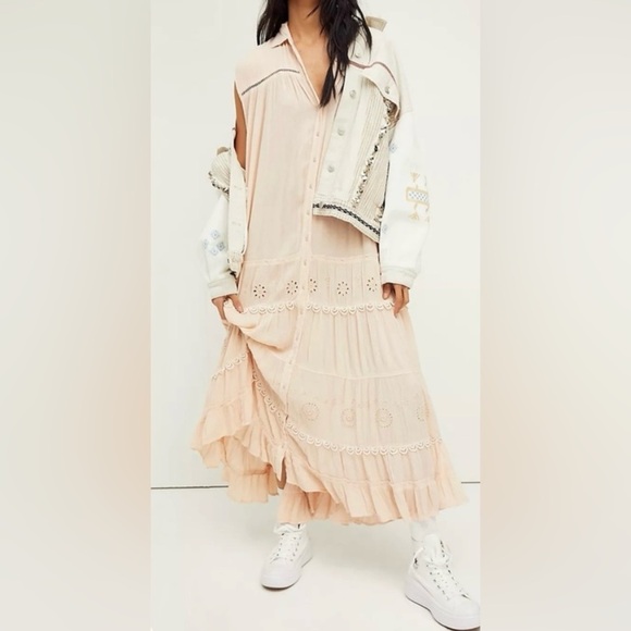 Free People Ecru Pink Pretty Cozy Viscose Tiered Sleeveless Boho Maxi Dress XL - Picture 1 of 17